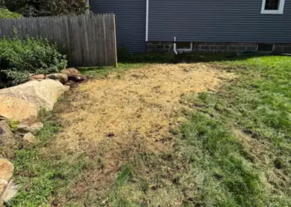 A yard graded and seeded along a fence line beside a blue house.