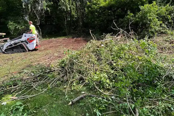 A crew member running a compact track loader beside a large pile of cleared brush at a treeline.
